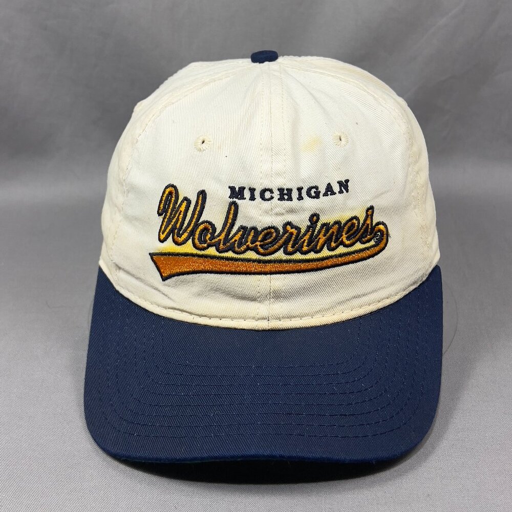 Vtg Michigan Wolverines Paramount NCAA Snapback Hat Ivory Canvas USA Mens 90s
